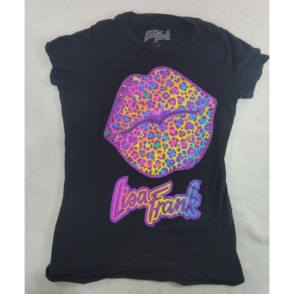 Lisa Frank Rainbow Animal Print Leopard Lips Graphic T-Shirt Black Womens Sz XS